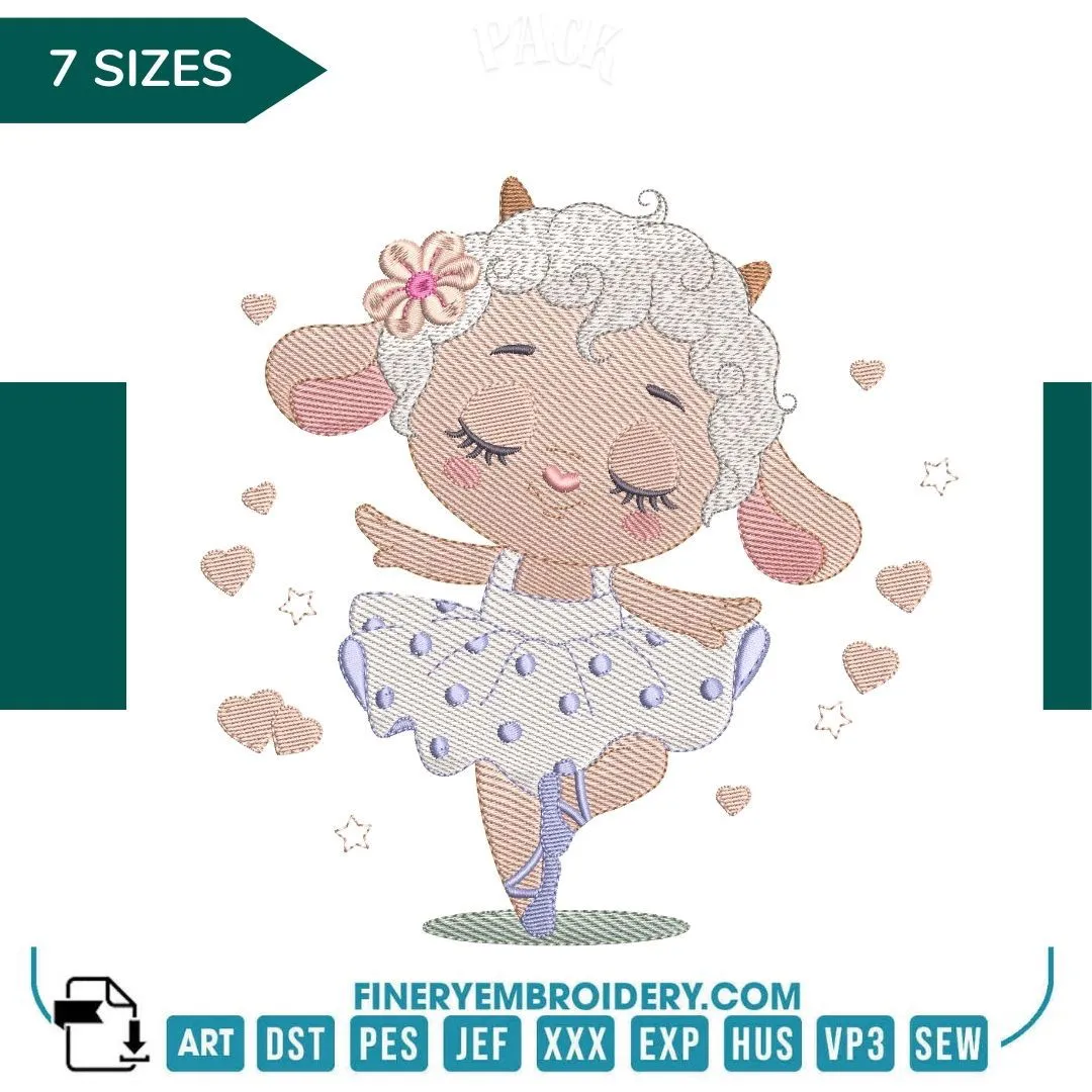 Adorable Lamb Ballerina Embroidery Design - 7 Sizes | FineryEmbroidery