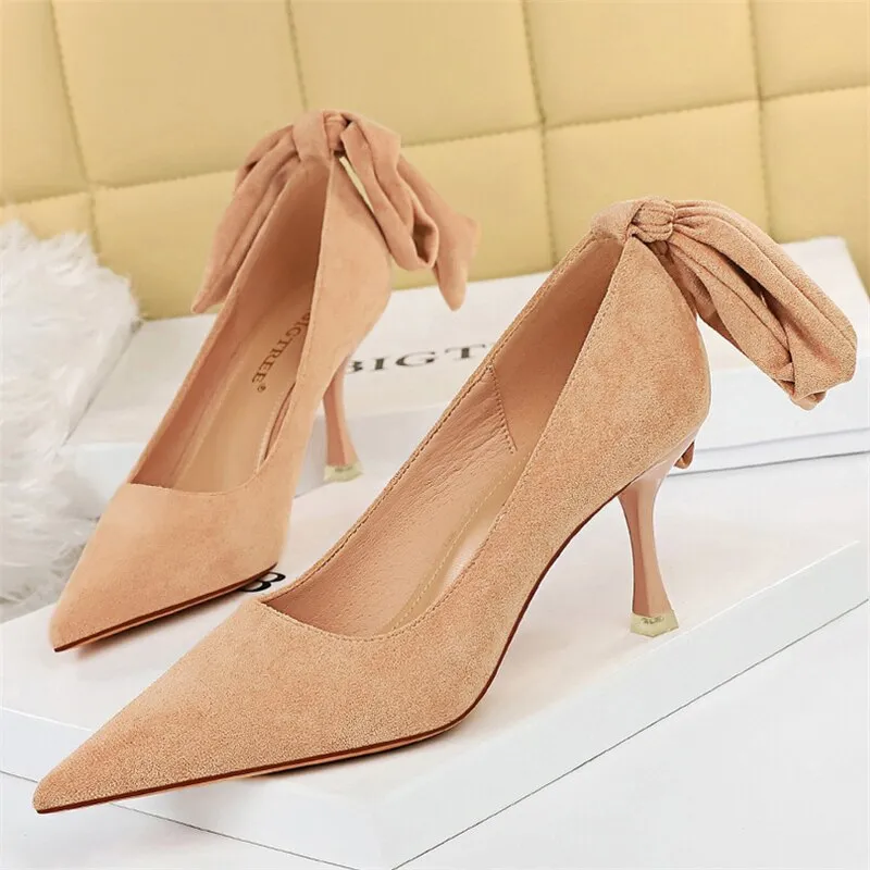 Amozae-2024 Elegant Women 8cm High Heels Pumps   Nightclub Green Bowknot Sweet Low Heels Girls Scarpins Office Wedding Kawaii Shoes