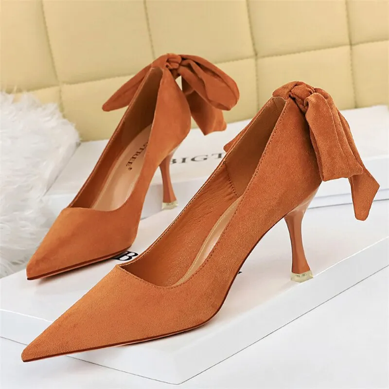 Amozae-2024 Elegant Women 8cm High Heels Pumps   Nightclub Green Bowknot Sweet Low Heels Girls Scarpins Office Wedding Kawaii Shoes