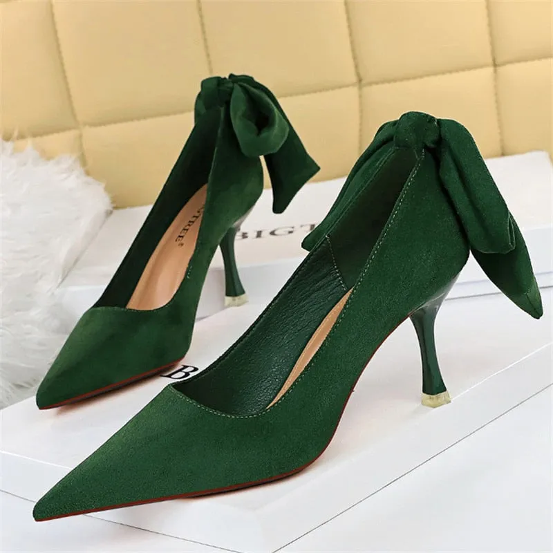 Amozae-2024 Elegant Women 8cm High Heels Pumps   Nightclub Green Bowknot Sweet Low Heels Girls Scarpins Office Wedding Kawaii Shoes