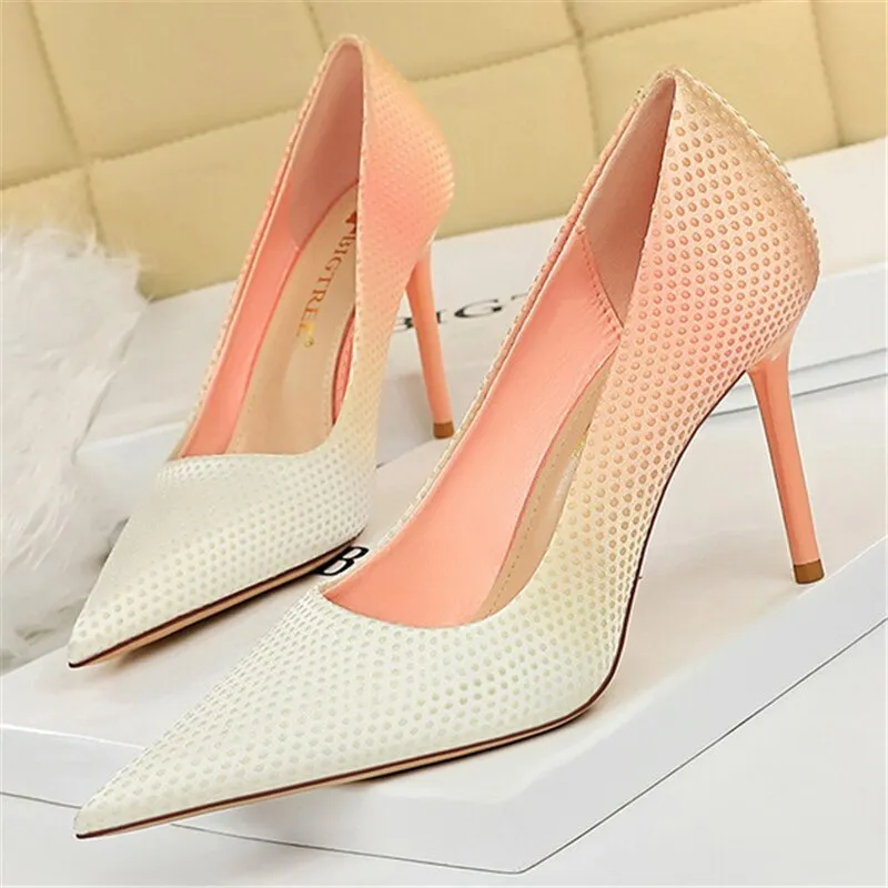 Amozae-2024 Women 9.5cm High Heels Silk Blue Weave Pumps Lady Gradient Color Satin Heels Girls Scarpins Fetish Bride Pink Fetish Shoes