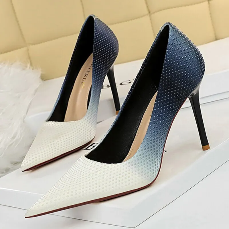 Amozae-2024 Women 9.5cm High Heels Silk Blue Weave Pumps Lady Gradient Color Satin Heels Girls Scarpins Fetish Bride Pink Fetish Shoes