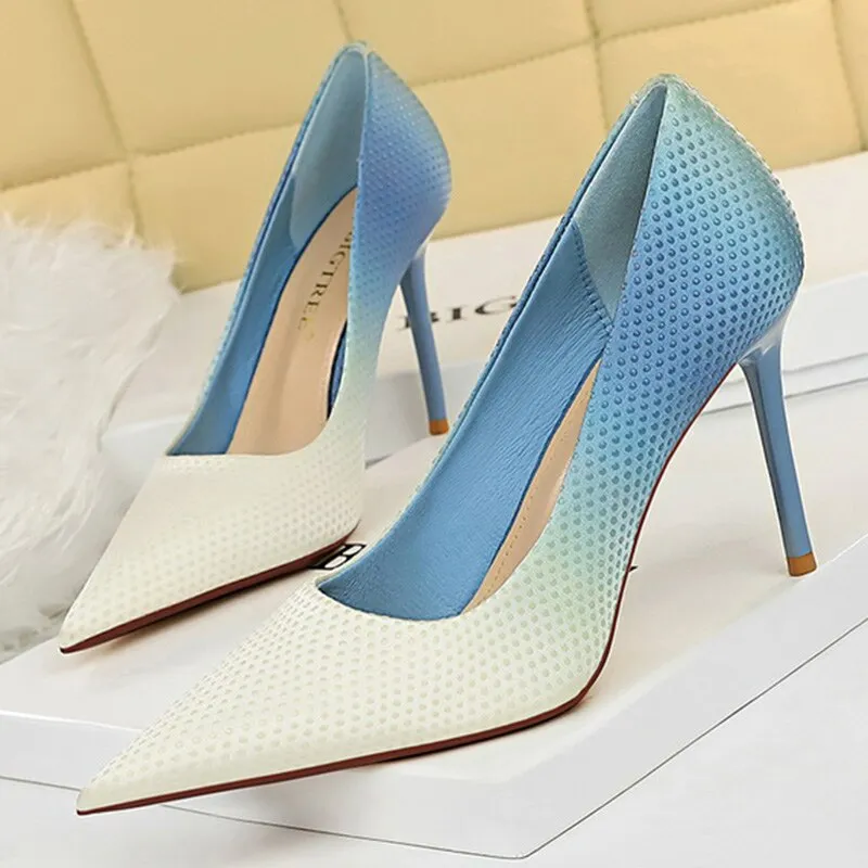 Amozae-2024 Women 9.5cm High Heels Silk Blue Weave Pumps Lady Gradient Color Satin Heels Girls Scarpins Fetish Bride Pink Fetish Shoes