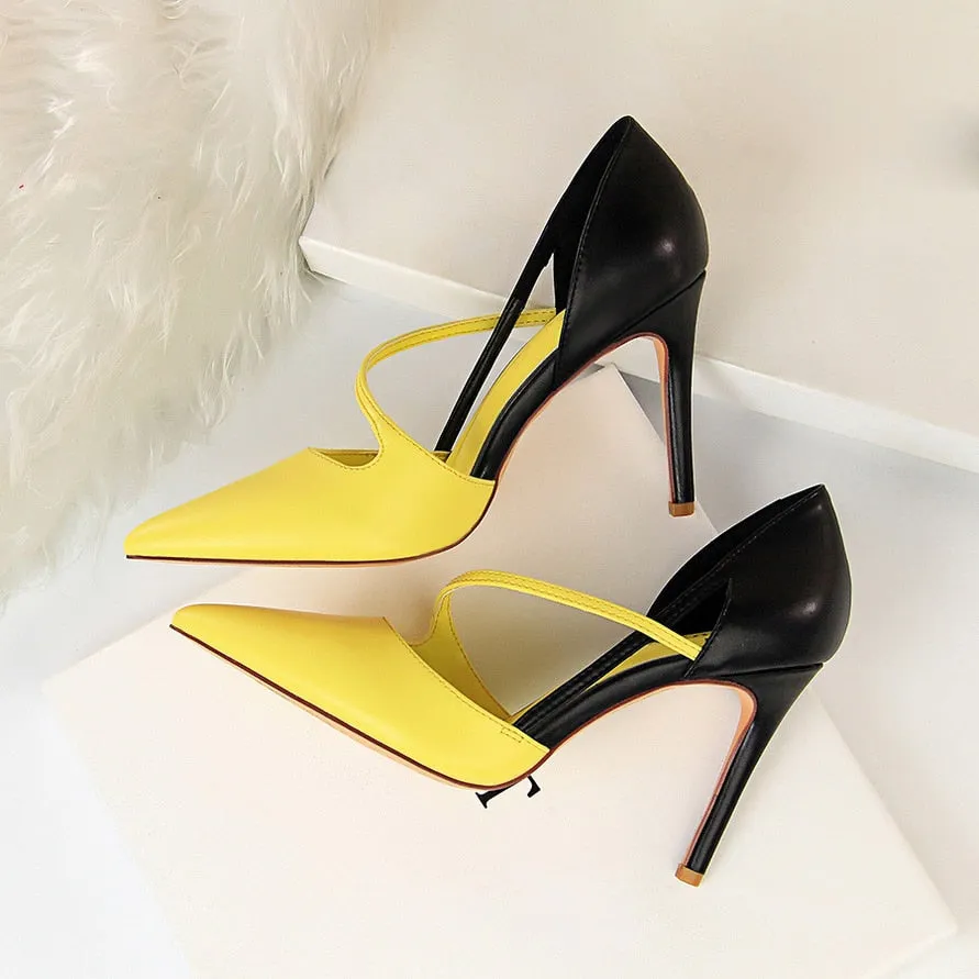 Amozae-Women Summer 9.5cm High Heels Sandals   Yellow Fetish Strap Red Stripper Pumps Female Scarpins Valentine Hollow Shoes