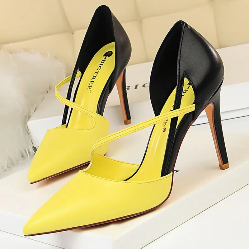 Amozae-Women Summer 9.5cm High Heels Sandals   Yellow Fetish Strap Red Stripper Pumps Female Scarpins Valentine Hollow Shoes