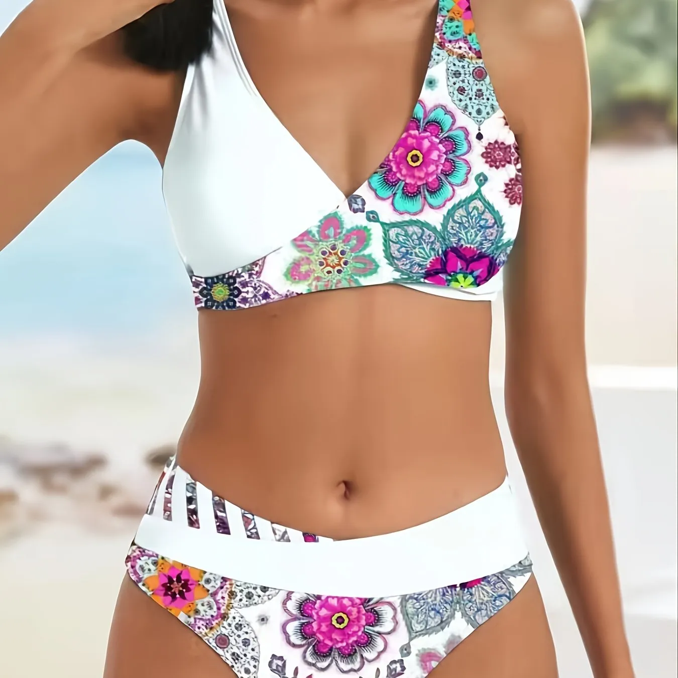 Asymmetrical Digital Floral Print Criss Cross Centre Core Contrast Trim Two Piece Bikini Sets Swimsuit