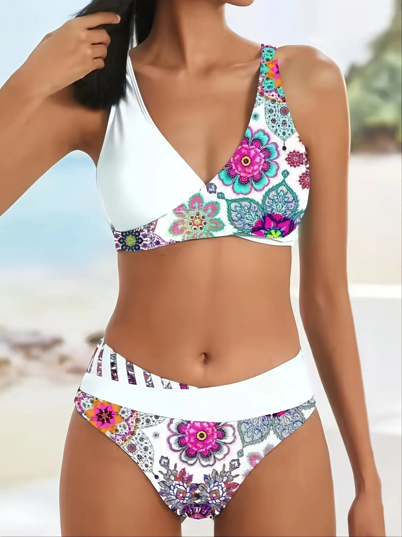 Asymmetrical Digital Floral Print Criss Cross Centre Core Contrast Trim Two Piece Bikini Sets Swimsuit