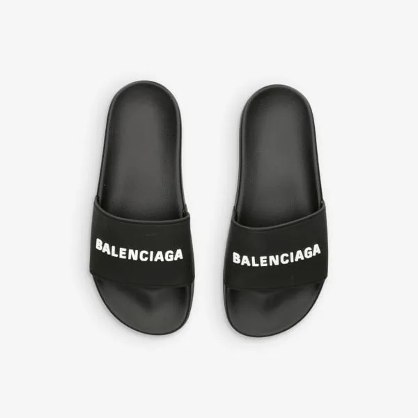 Balenciaga Logo Embossed Rubber Slippers, Black