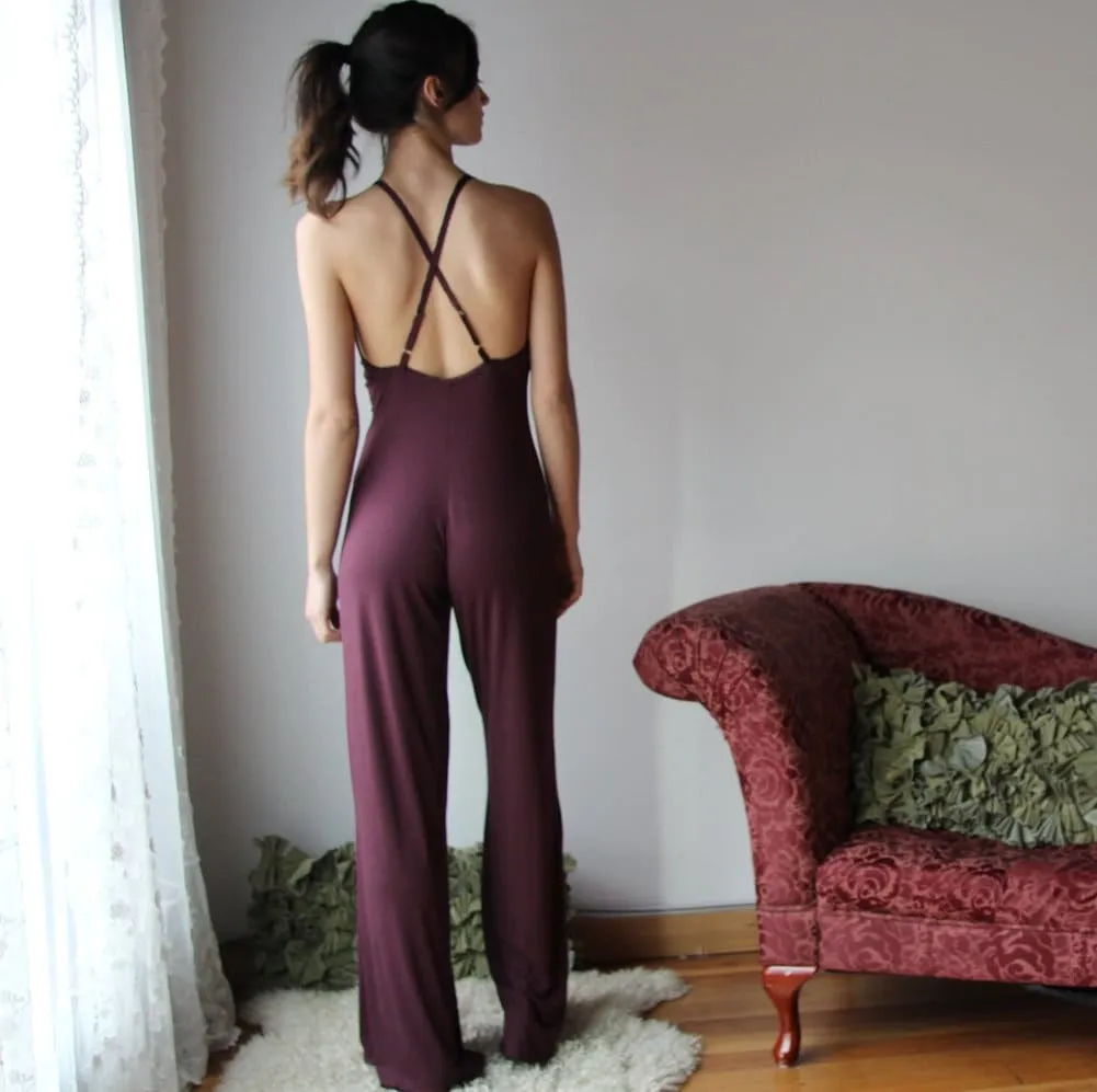 bamboo lingerie jumpsuit with plunging lace neckline