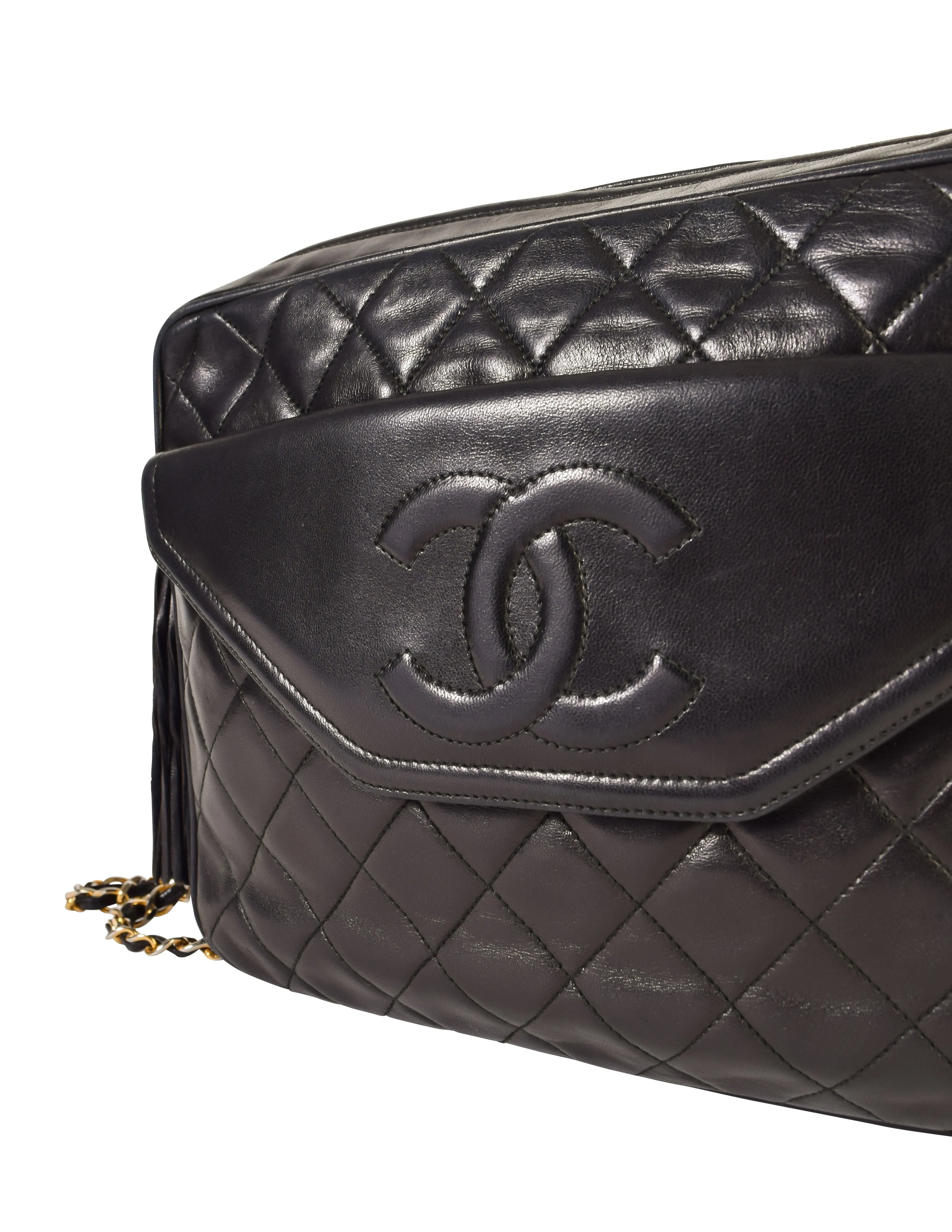 Chanel Vintage Black Matelasse Quilted Lambskin Leather Large CC Logo Tassel Camera Bag