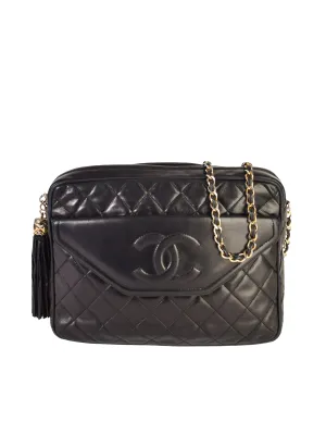 Chanel Vintage Black Matelasse Quilted Lambskin Leather Large CC Logo Tassel Camera Bag