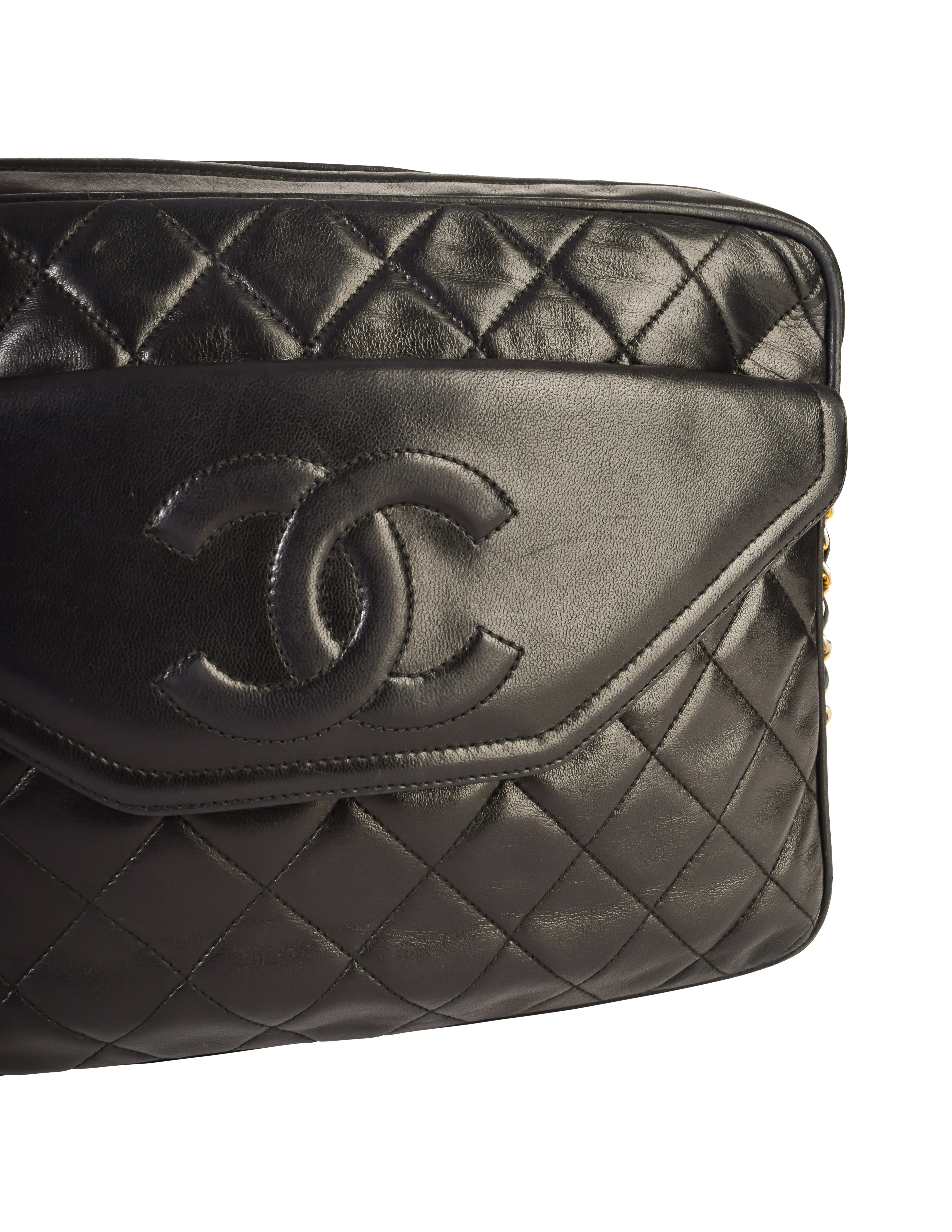 Chanel Vintage Black Matelasse Quilted Lambskin Leather Large CC Logo Tassel Camera Bag