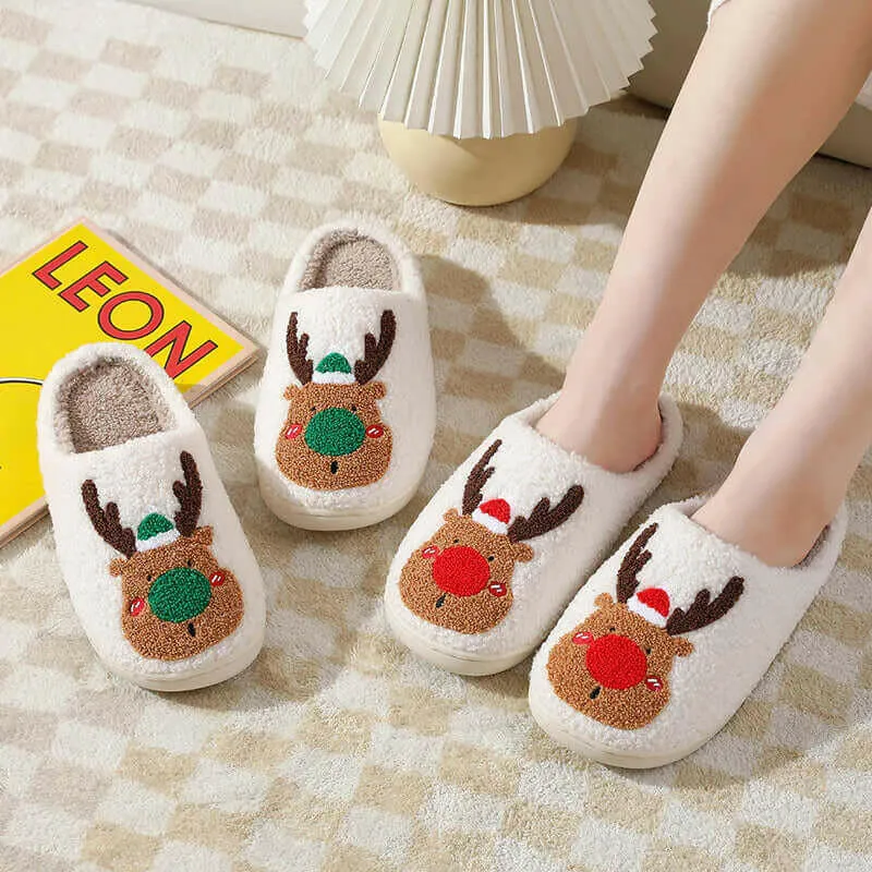 Cozy Winter Home Slippers with Elk Design - Soft, Plush Bedroom Slipper for Women, Men - Slip on House Shoes for Warmth and Comfort - Ideal Christmas Gift