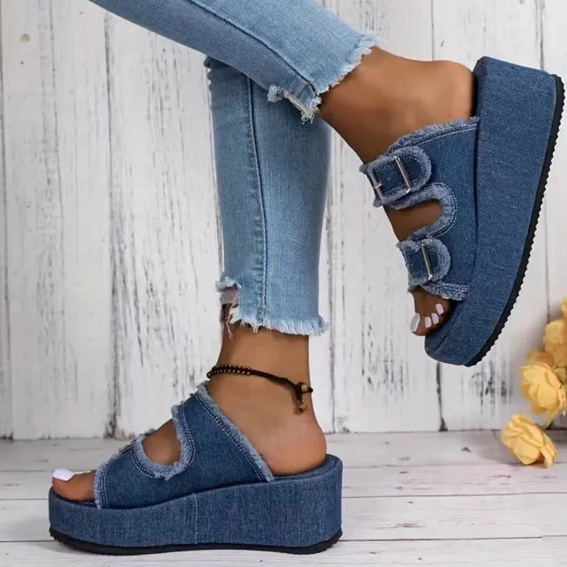 Denim Buckle Wedge Sandals