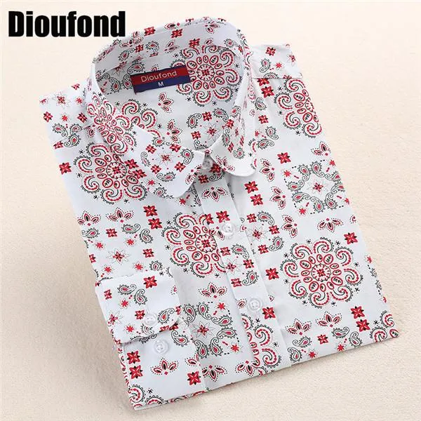 Dioufond Black Flower Print Blouse Women Turn Down Collar Button Down Blouse Shirt Casual Cotton Shirts Plus Size S-5XL 2017