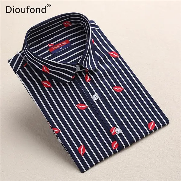 Dioufond Black Flower Print Blouse Women Turn Down Collar Button Down Blouse Shirt Casual Cotton Shirts Plus Size S-5XL 2017