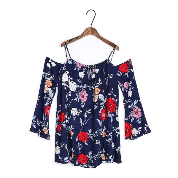 Dioufond Off The Shoulder Flare Sleeve Floral Blouse Print Casual Spring Summer Beach Loose Blouse and Long Tops Plus Size 2017