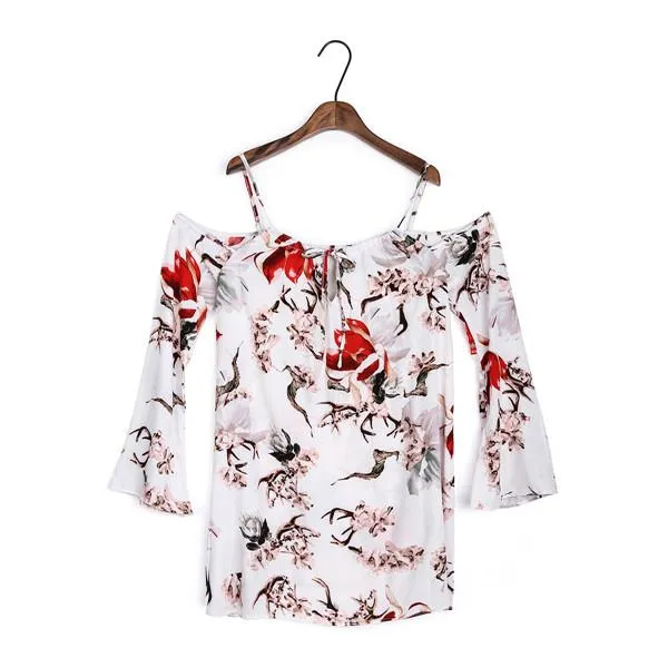 Dioufond Off The Shoulder Flare Sleeve Floral Blouse Print Casual Spring Summer Beach Loose Blouse and Long Tops Plus Size 2017