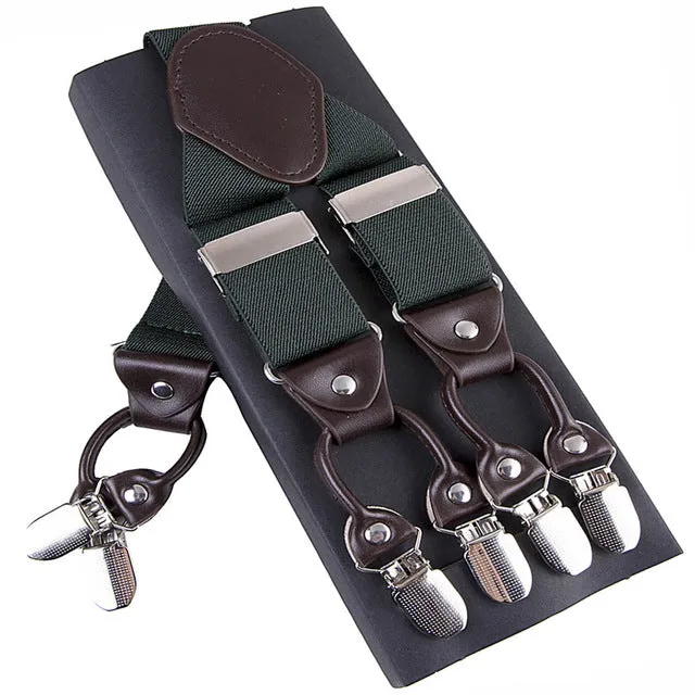 Fashion Suspenders leather alloy 6 clips Braces Male Vintage Casual  suspensorio Trousers Strap Father/Husband's Gift 3.5*120cm