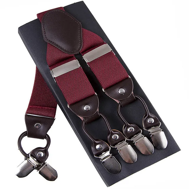 Fashion Suspenders leather alloy 6 clips Braces Male Vintage Casual  suspensorio Trousers Strap Father/Husband's Gift 3.5*120cm