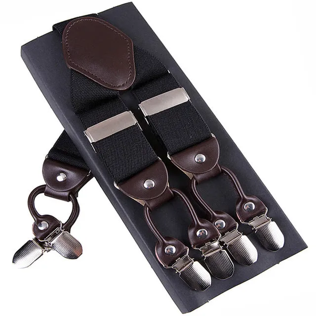 Fashion Suspenders leather alloy 6 clips Braces Male Vintage Casual  suspensorio Trousers Strap Father/Husband's Gift 3.5*120cm