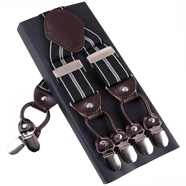 Fashion Suspenders leather alloy 6 clips Braces Male Vintage Casual  suspensorio Trousers Strap Father/Husband's Gift 3.5*120cm