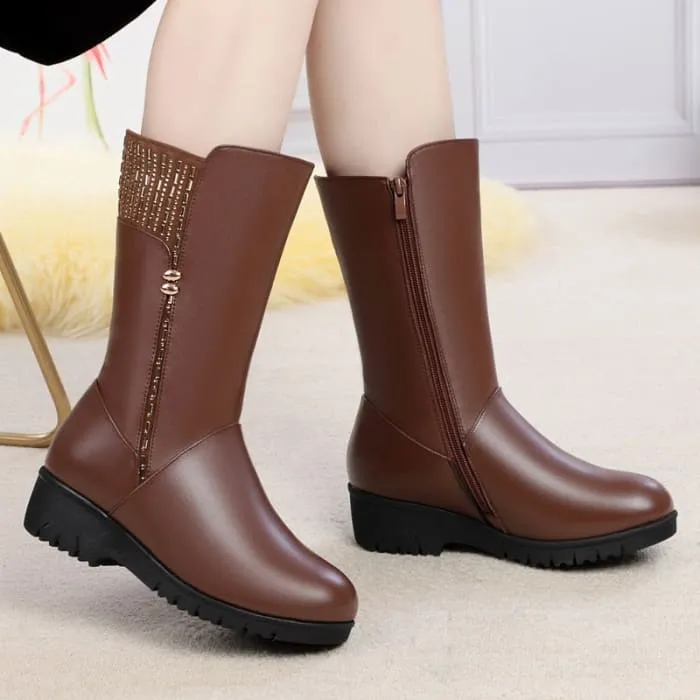 Genuine Leather Inside Plush Wool Women Winter Boots