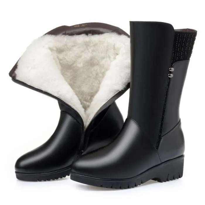 Genuine Leather Inside Plush Wool Women Winter Boots