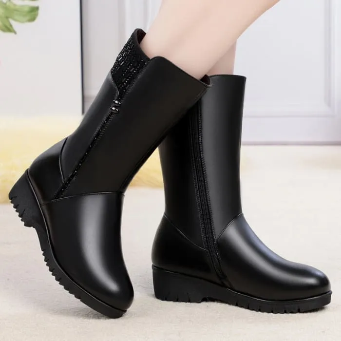 Genuine Leather Inside Plush Wool Women Winter Boots