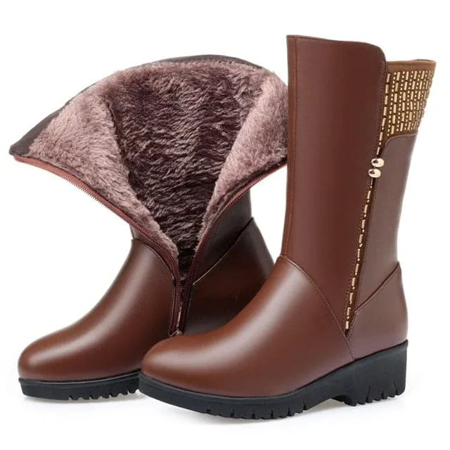 Genuine Leather Inside Plush Wool Women Winter Boots