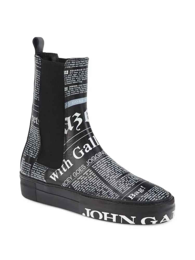 John Galliano Leather Chelsea Boots with Gazette Print, Black