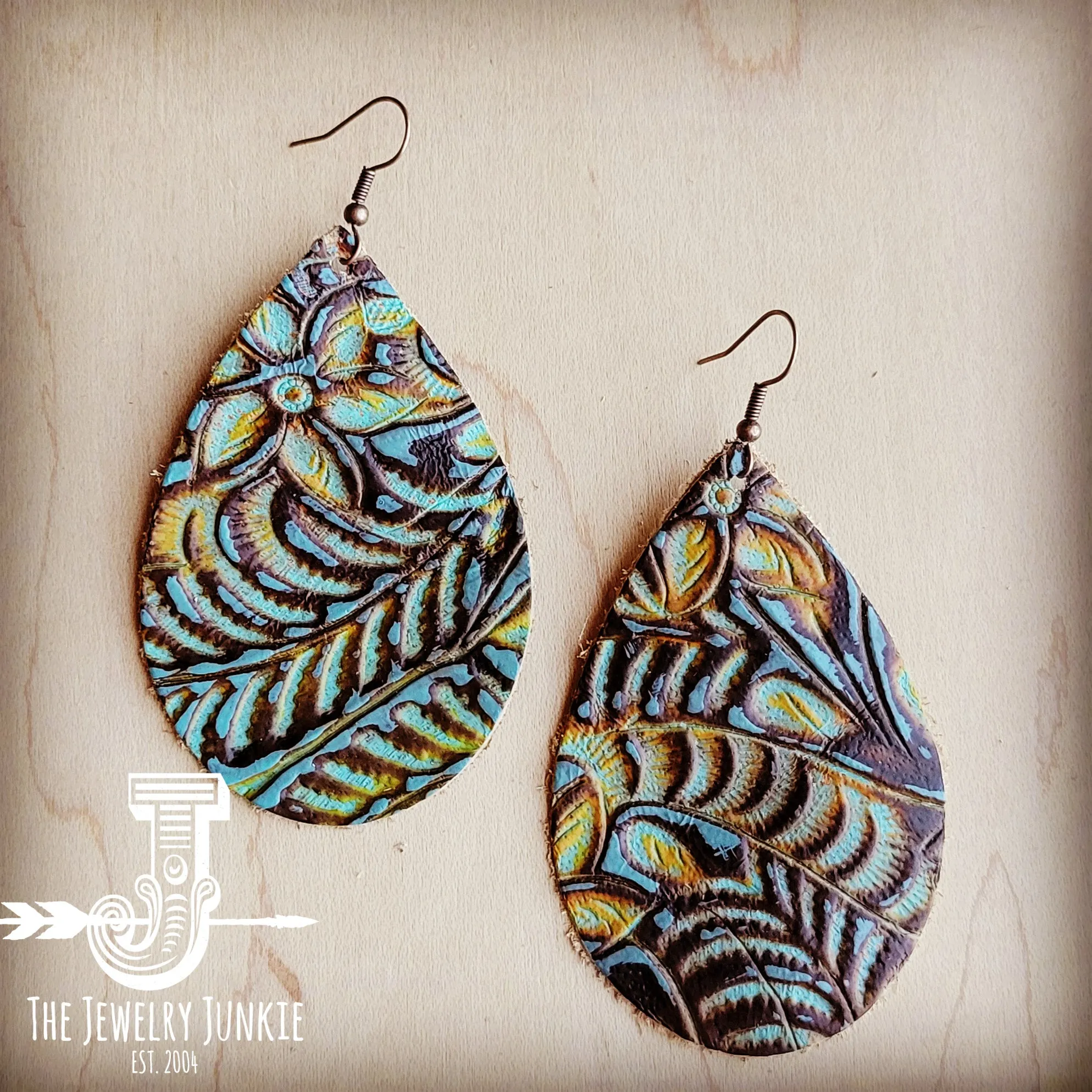 Leather Teardrop Earrings in Dallas Turquoise 207g