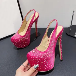 Liyke Runway Fashion Rhinestones Women Platform Pumps Sexy Slingback Slip-On Back Strap Extreme High Heels Party Dress Shoes