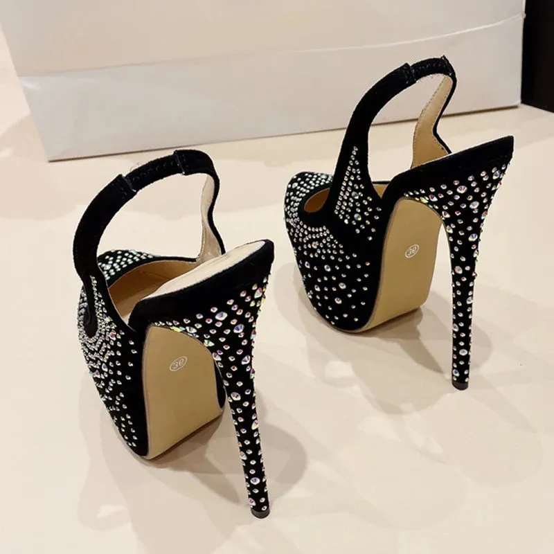 Liyke Runway Fashion Rhinestones Women Platform Pumps Sexy Slingback Slip-On Back Strap Extreme High Heels Party Dress Shoes