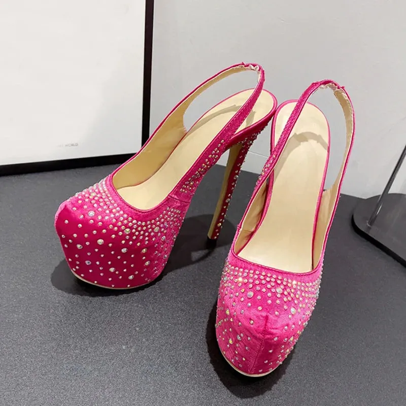 Liyke Runway Fashion Rhinestones Women Platform Pumps Sexy Slingback Slip-On Back Strap Extreme High Heels Party Dress Shoes