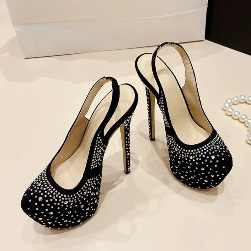 Liyke Runway Fashion Rhinestones Women Platform Pumps Sexy Slingback Slip-On Back Strap Extreme High Heels Party Dress Shoes