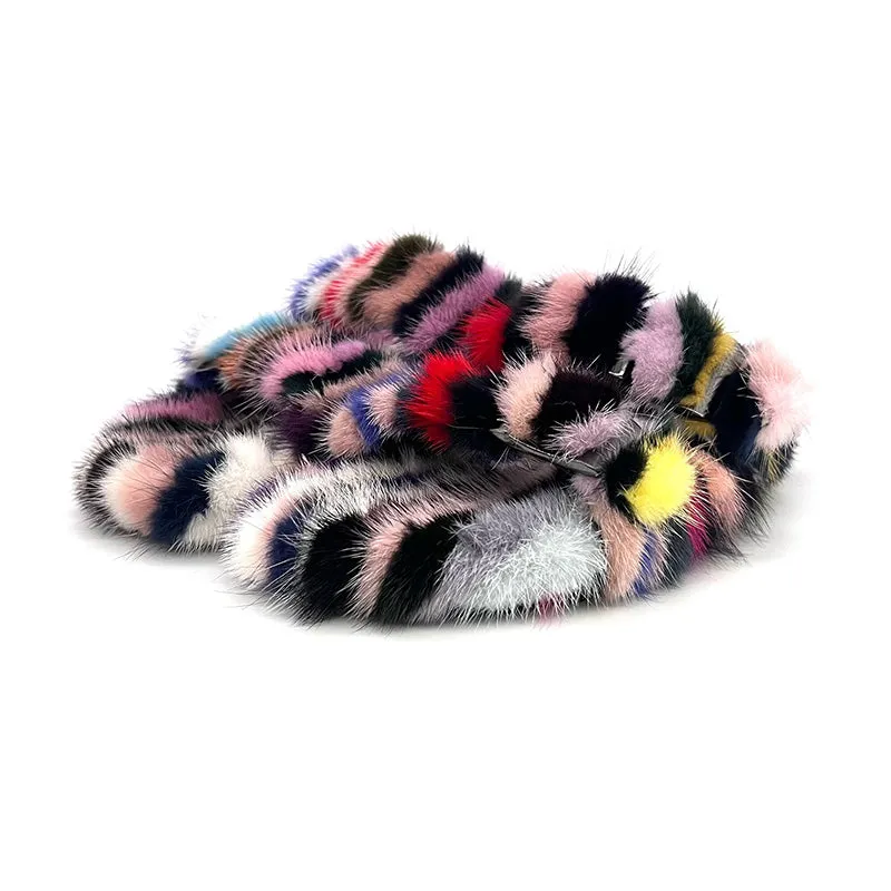 Multicolor Mink Sandals Shoes Fur Slippers Slides Fur Sliders Flip Flops