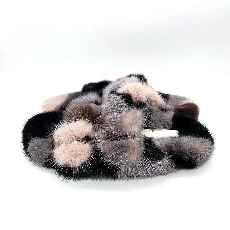 Real Mink Sandals Fur Slides Flat Slippers Ladies Outdoor Flip Flops