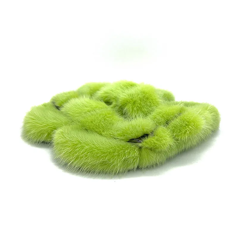 Real Mink Sandals Fur Slides Flat Slippers Ladies Outdoor Flip Flops