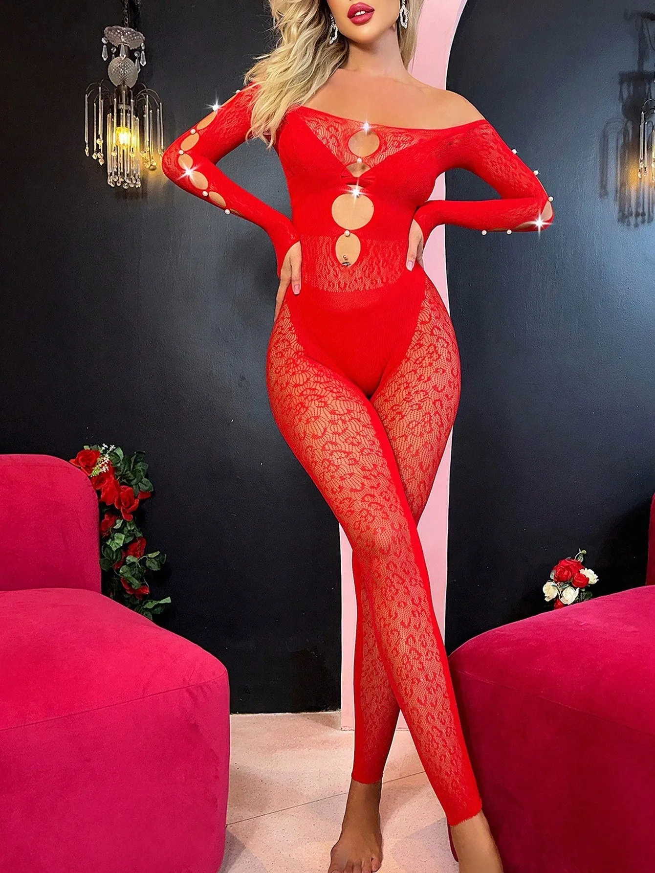 Rhinestone Studded Cut Out Bardot Body Stocking Lingerie