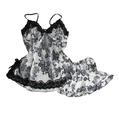 Sexy Pajamas Women Silk Lace Floral Braded Robe Sleepwear Lingerie Nightdress Babydoll Pajamas Set V Neck Pyjama pants shorts