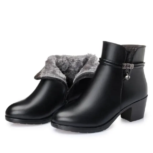 Soft Leather Warm Fur High Heels Zipper Winter Boots