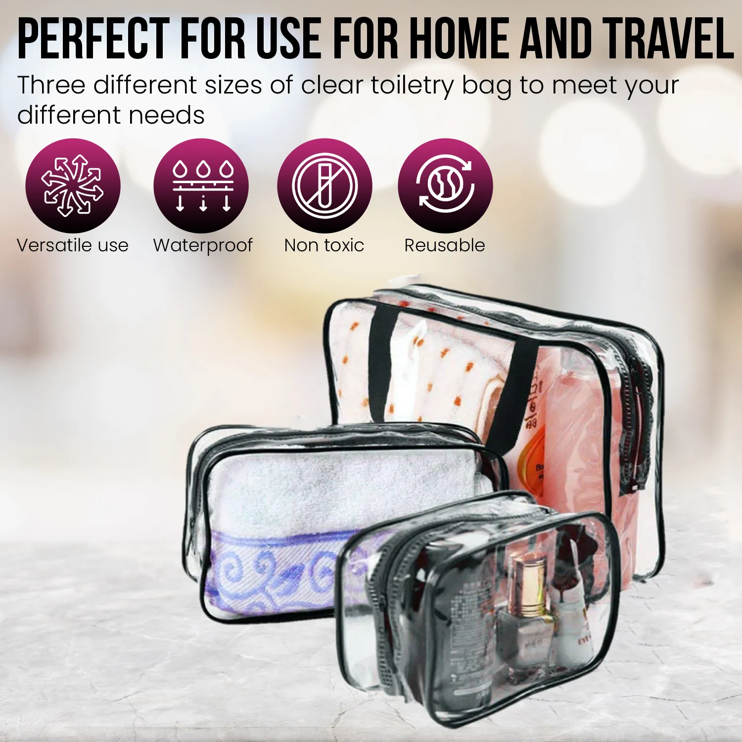 Transparent Travel Bags Set - Pink or Black