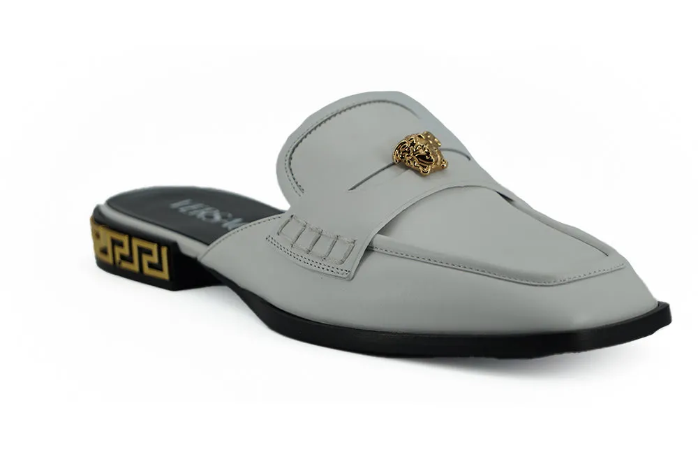 Versace Elegant Gray Leather Flat Slides