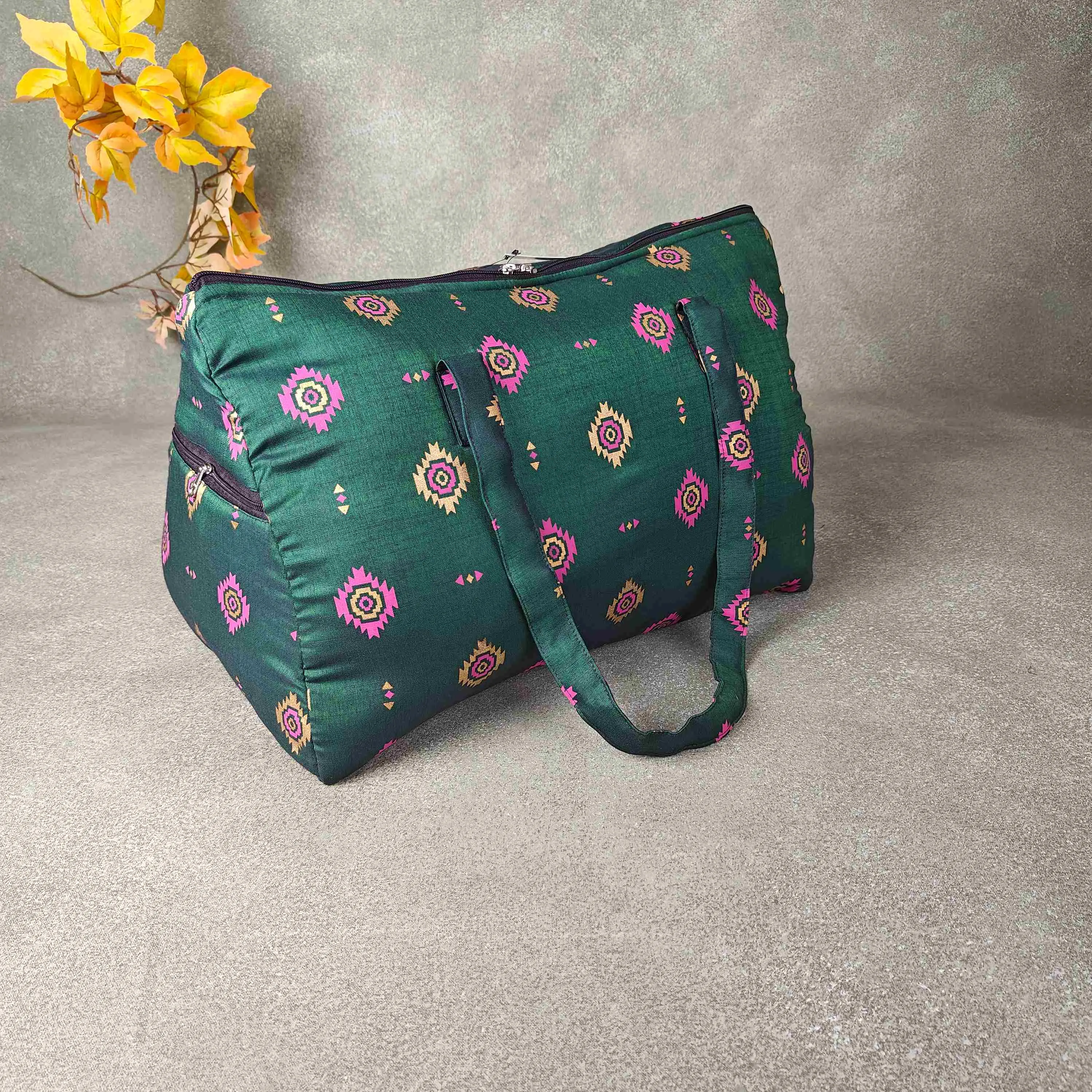 Weekender Travel Bag Dark Green Colour with Pink and Gold Printed Design.