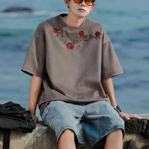 Wiaofellas  -  Floral Print Suede T Shirt Men Vintage Washed Tshirts Graphic Tshirt Streetwear Summer Casual Men Clothing Men Oversized T-shirt