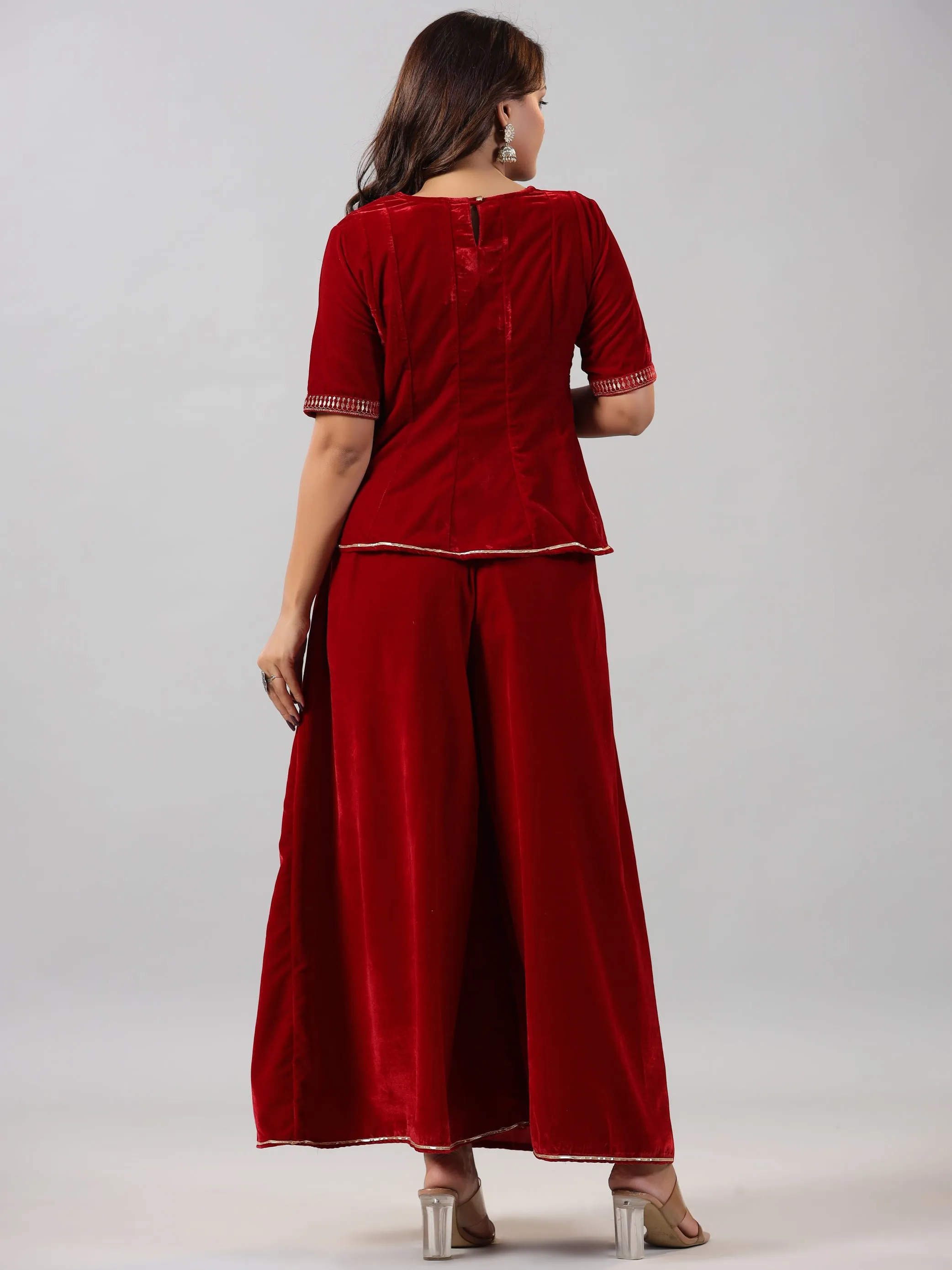 Women Maroon Velvet Embroidered Clothing Set