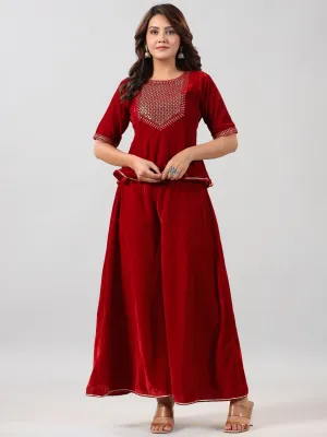 Women Maroon Velvet Embroidered Clothing Set