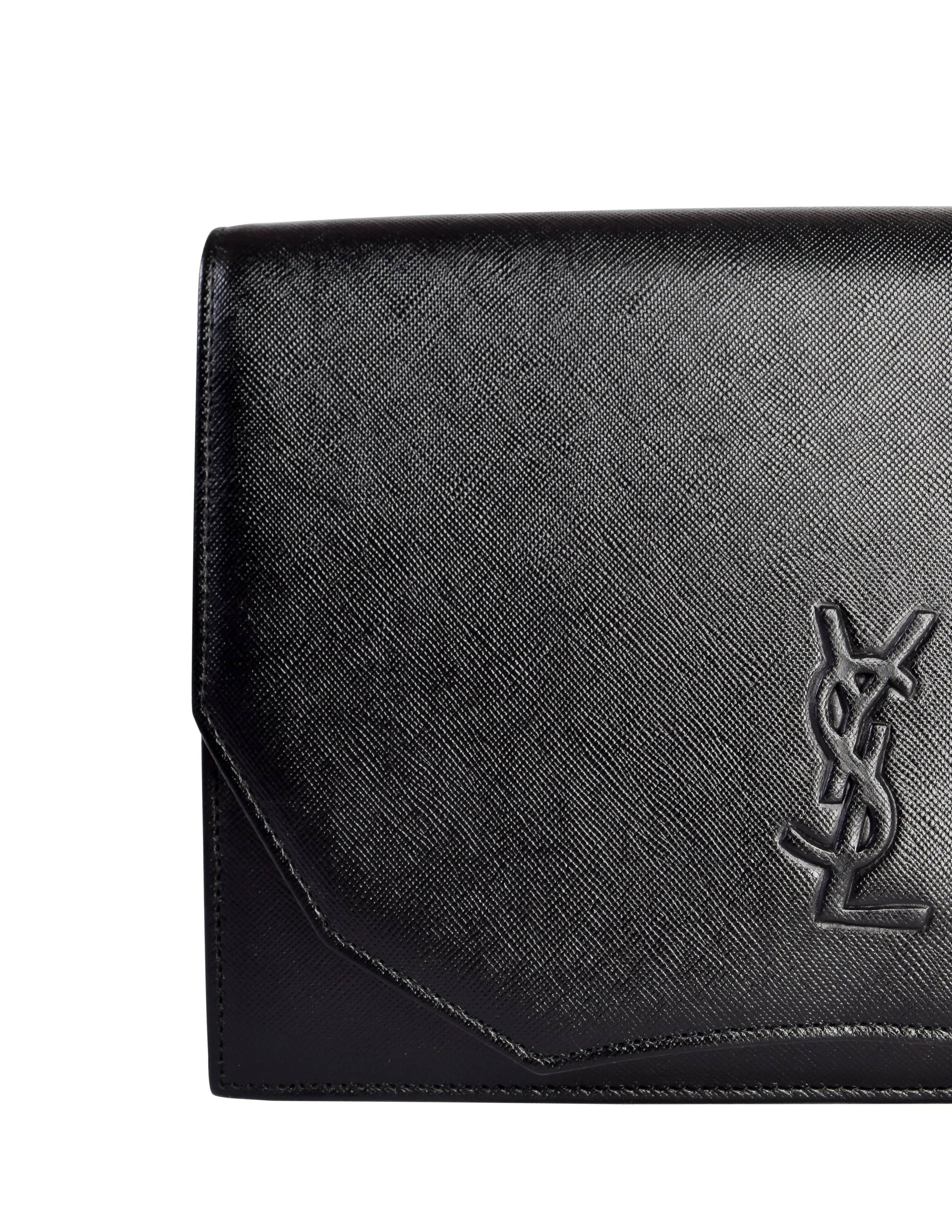 Yves Saint Laurent Vintage Black YSL Logo Saffiano Leather Clutch Bag